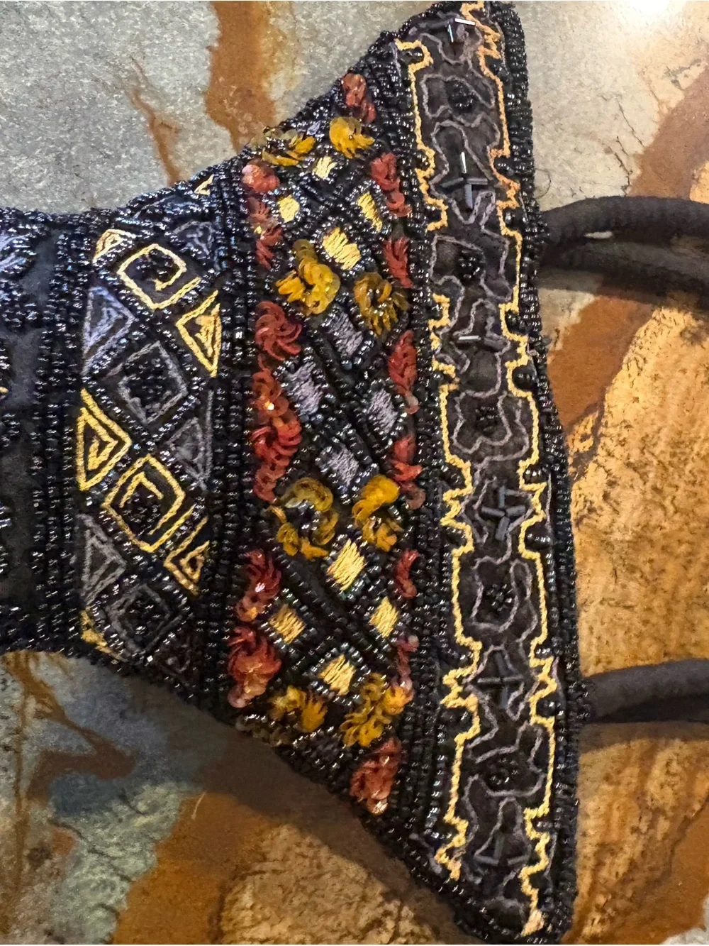 Vintage Beaded Black Gold Basket Mini Purse Satchel Bag